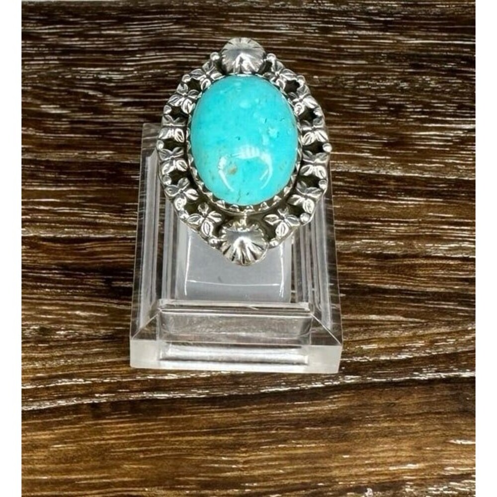 Native Southwest Style Sterling Silver Kingman Turquoise Flower Edged Ring Sz 8